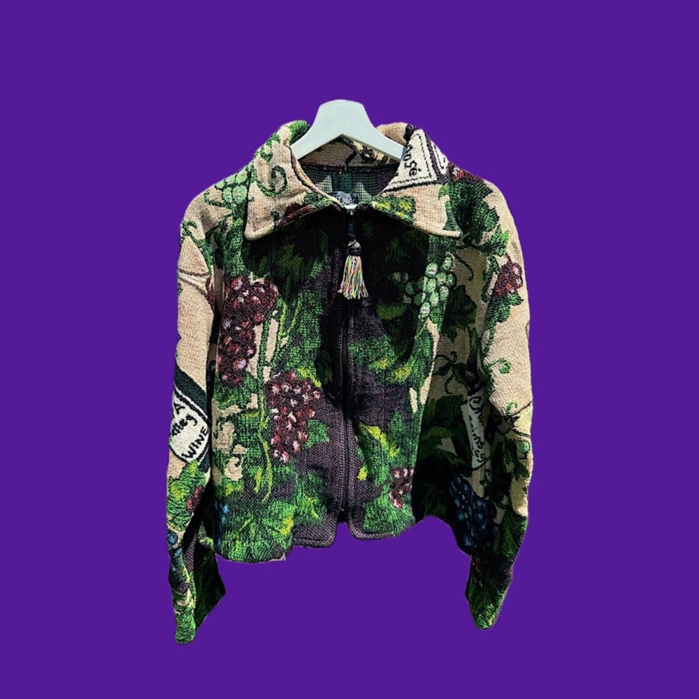 Vintage 90’s tapestry jacket by Linda Miller M/L wine motifs
